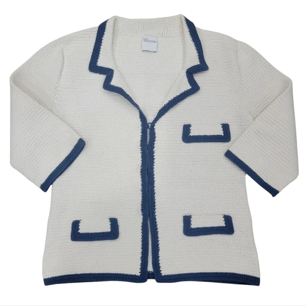 Red Valentino Woven Cardigan Blazer Cream Blue Knit Jacket Women’s XS - Picture 7 of 17